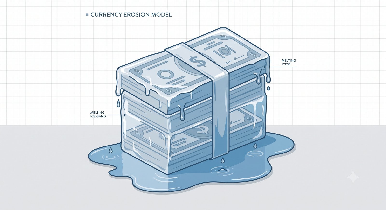 Illustration of currency melting like an ice cube over time