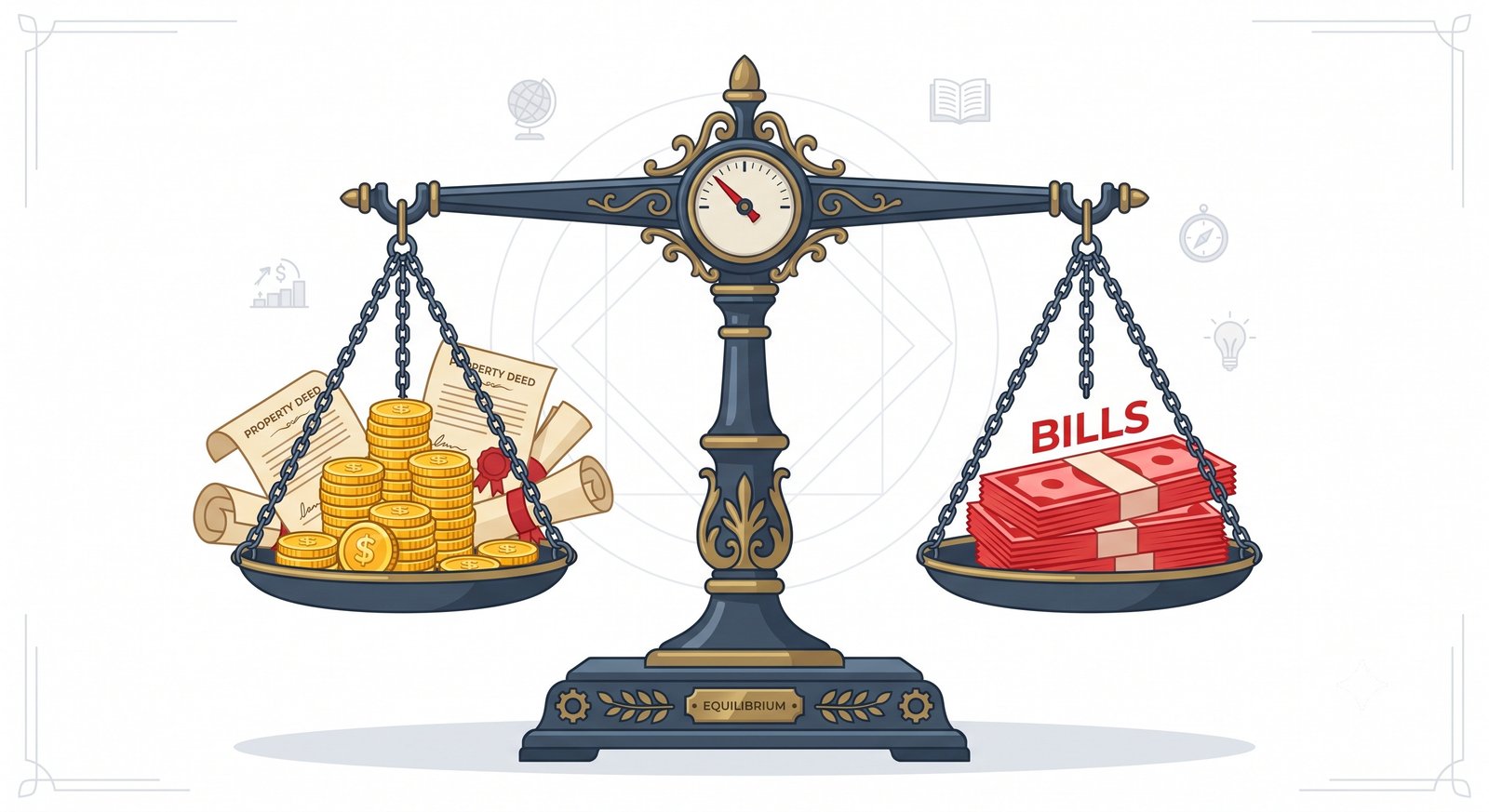 Conceptual illustration of assets weighing more than liabilities on a scale