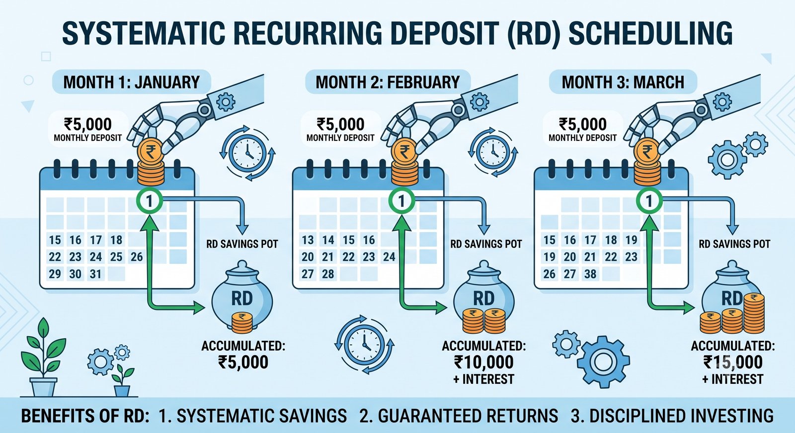 Conceptual illustration of systematic monthly capital injections on a calendar