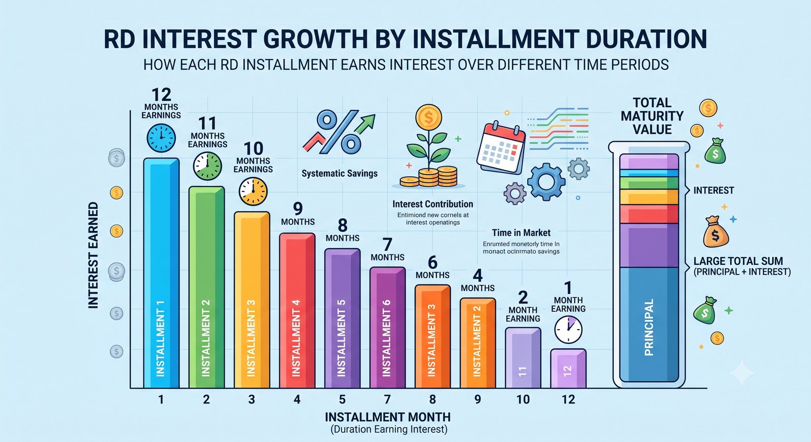 Bar chart illustrating how individual RD installments accrue interest for progressively shorter durations