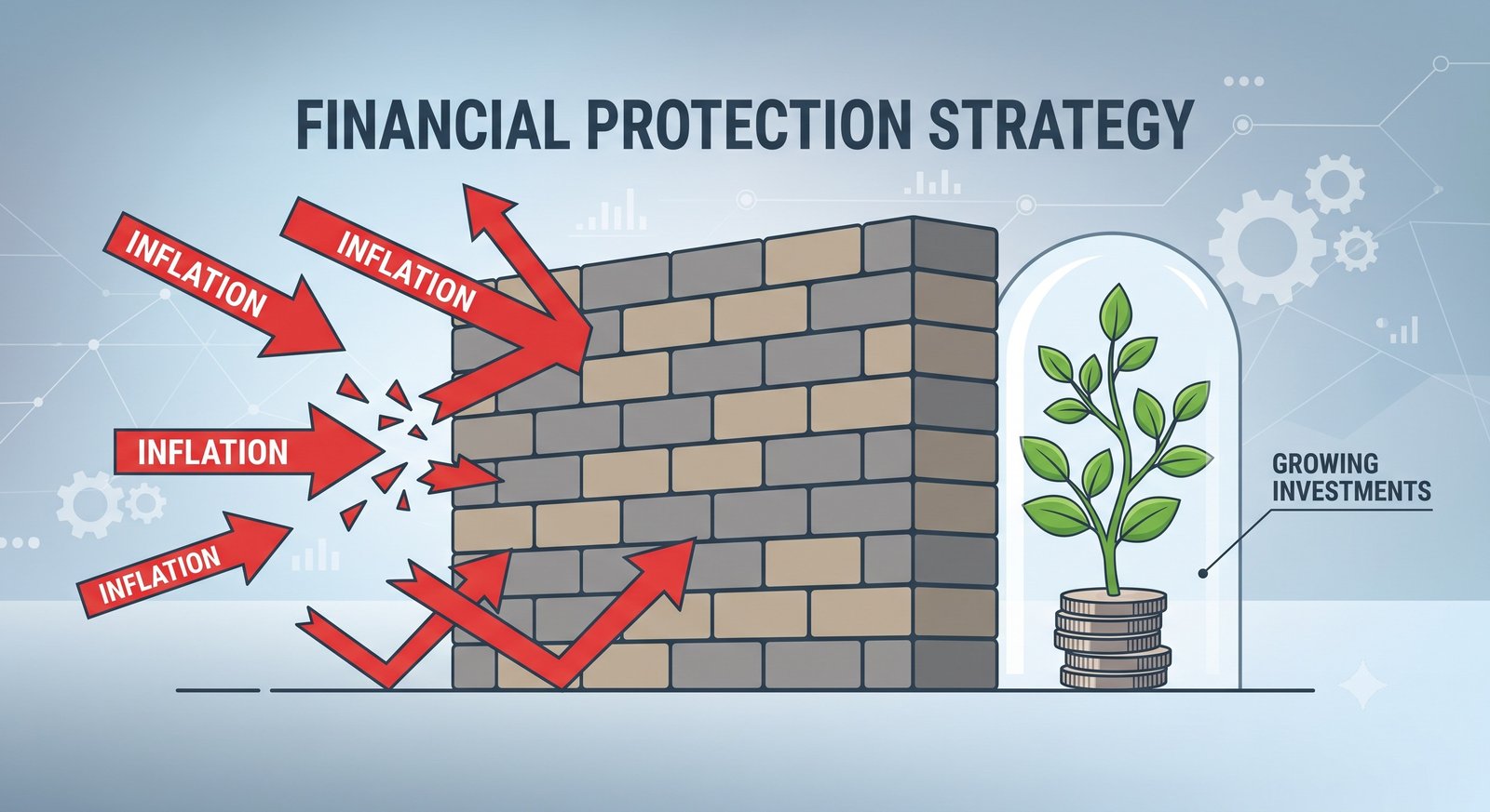 A brick wall shielding investments from red inflation arrows