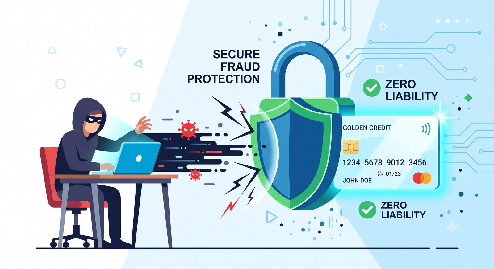 Conceptual graphic of Fraud Protection Mechanics shielding a credit card