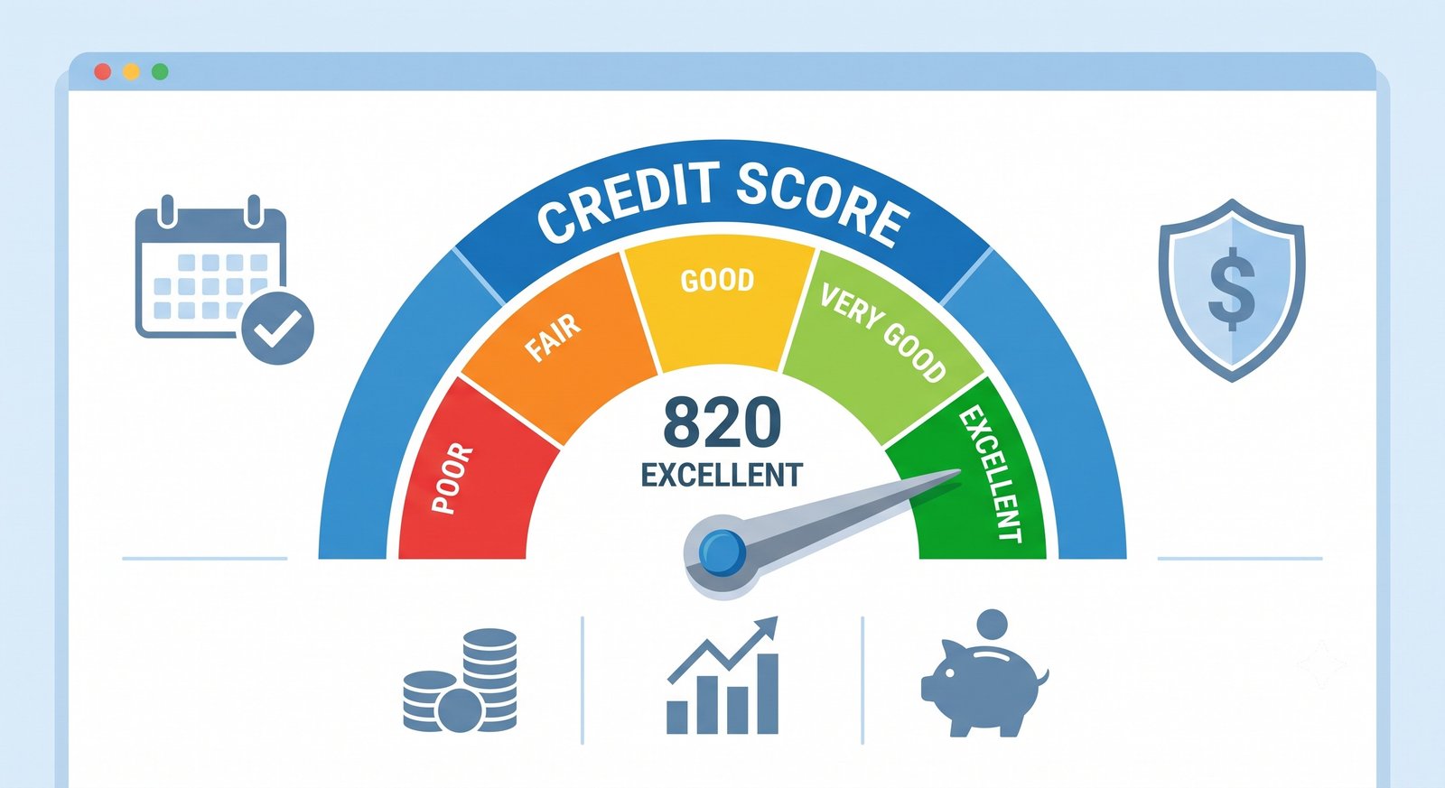 Credit Score Gauge Meter Pointing to Excellent