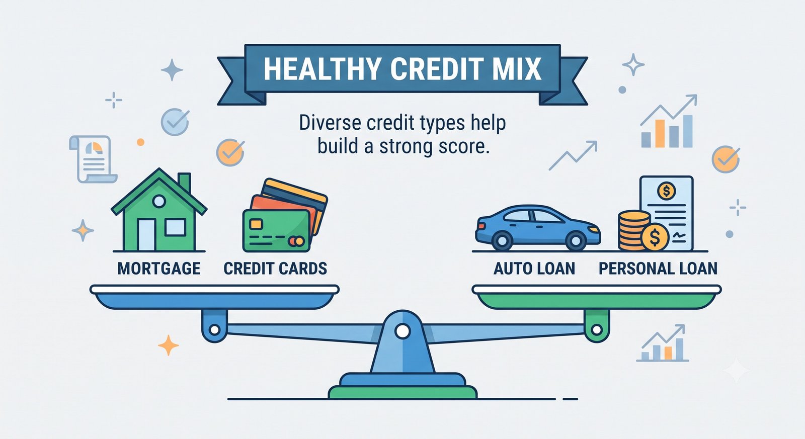 A balanced scale weighing a house, a car, and a credit card