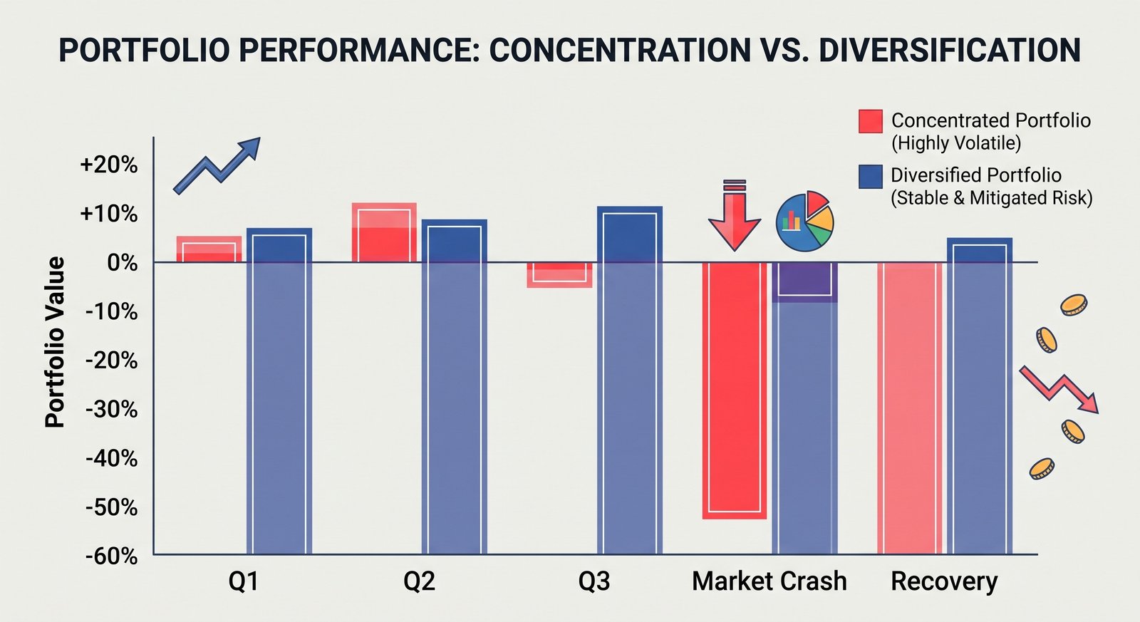 Bar chart comparing drawdowns in concentrated vs diversified portfolios
