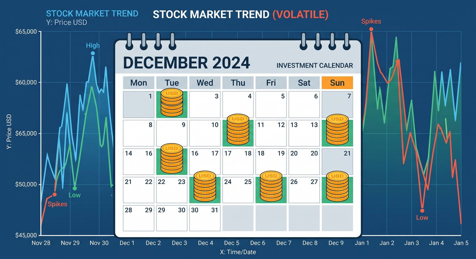 Dollar-Cost Averaging concept with calendar and coins