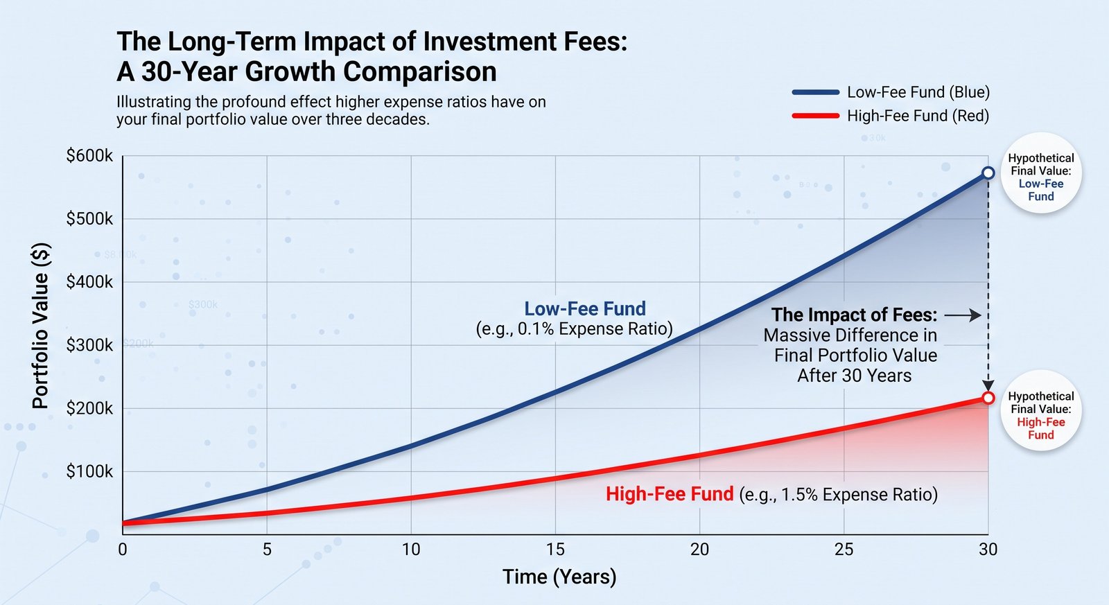 Graph showing the long-term impact of high vs low expense ratios