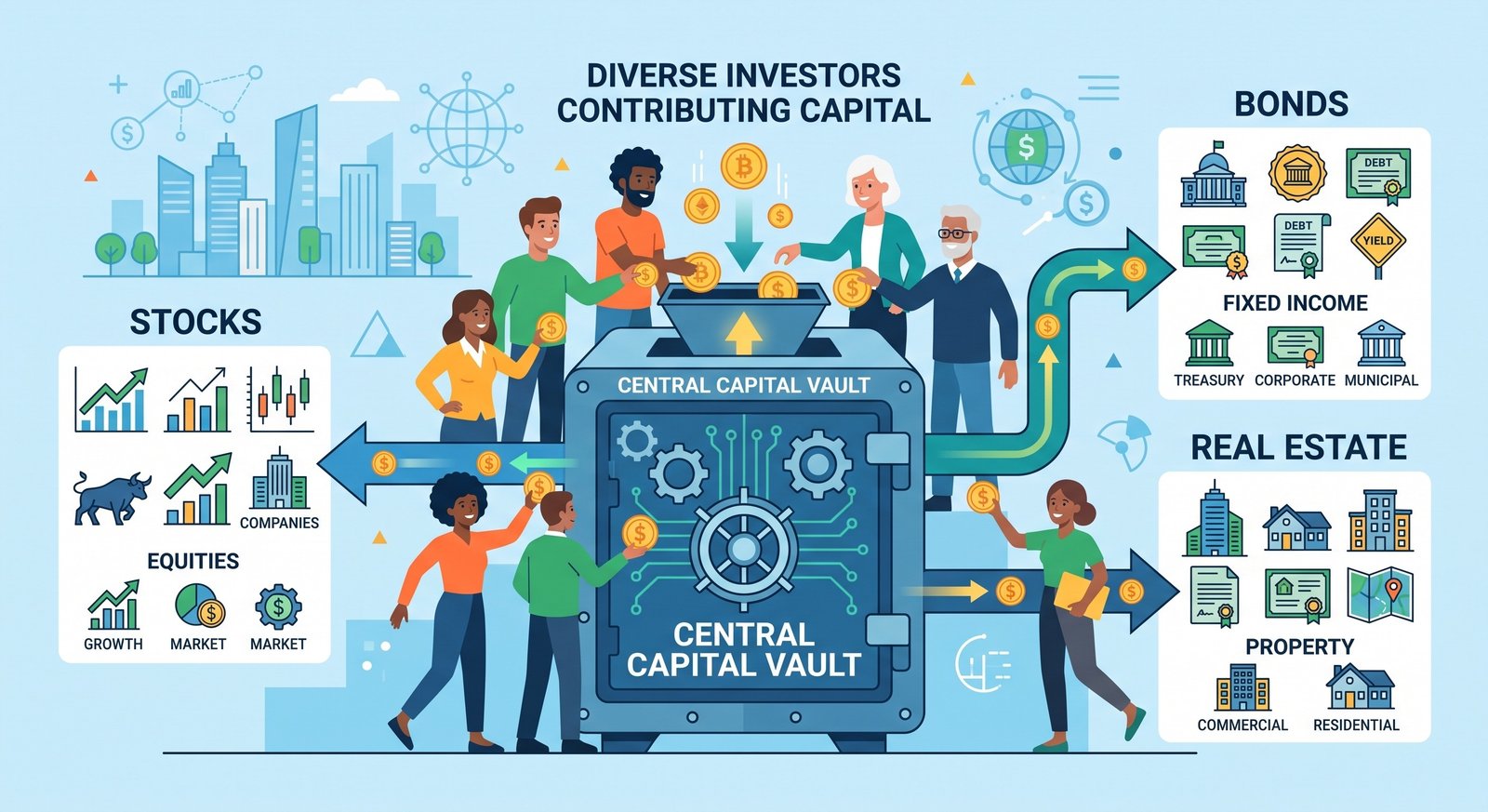 Diagram showing the pooling mechanics of a mutual fund