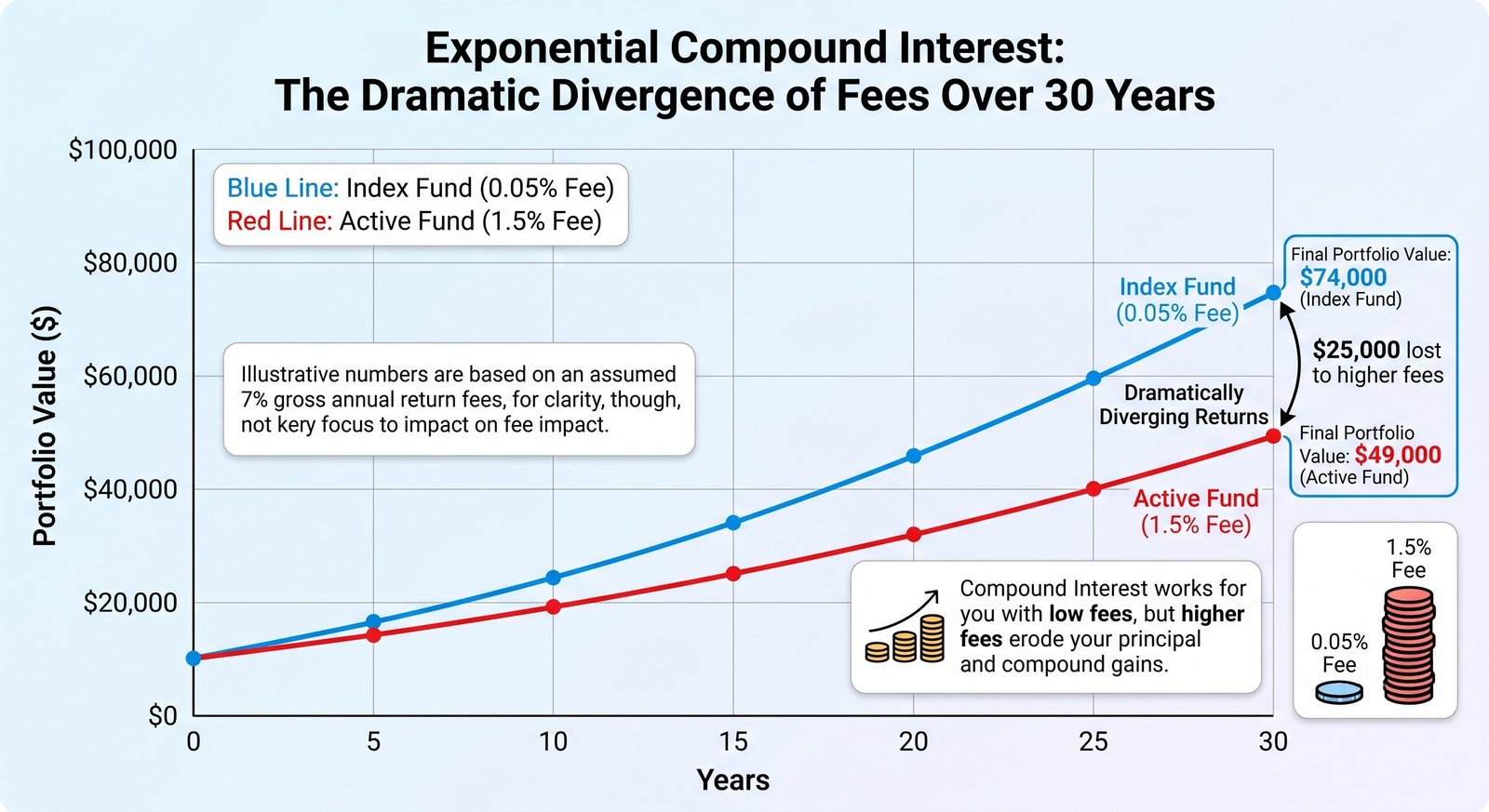 Graph showing wealth destruction due to high expense ratios over time