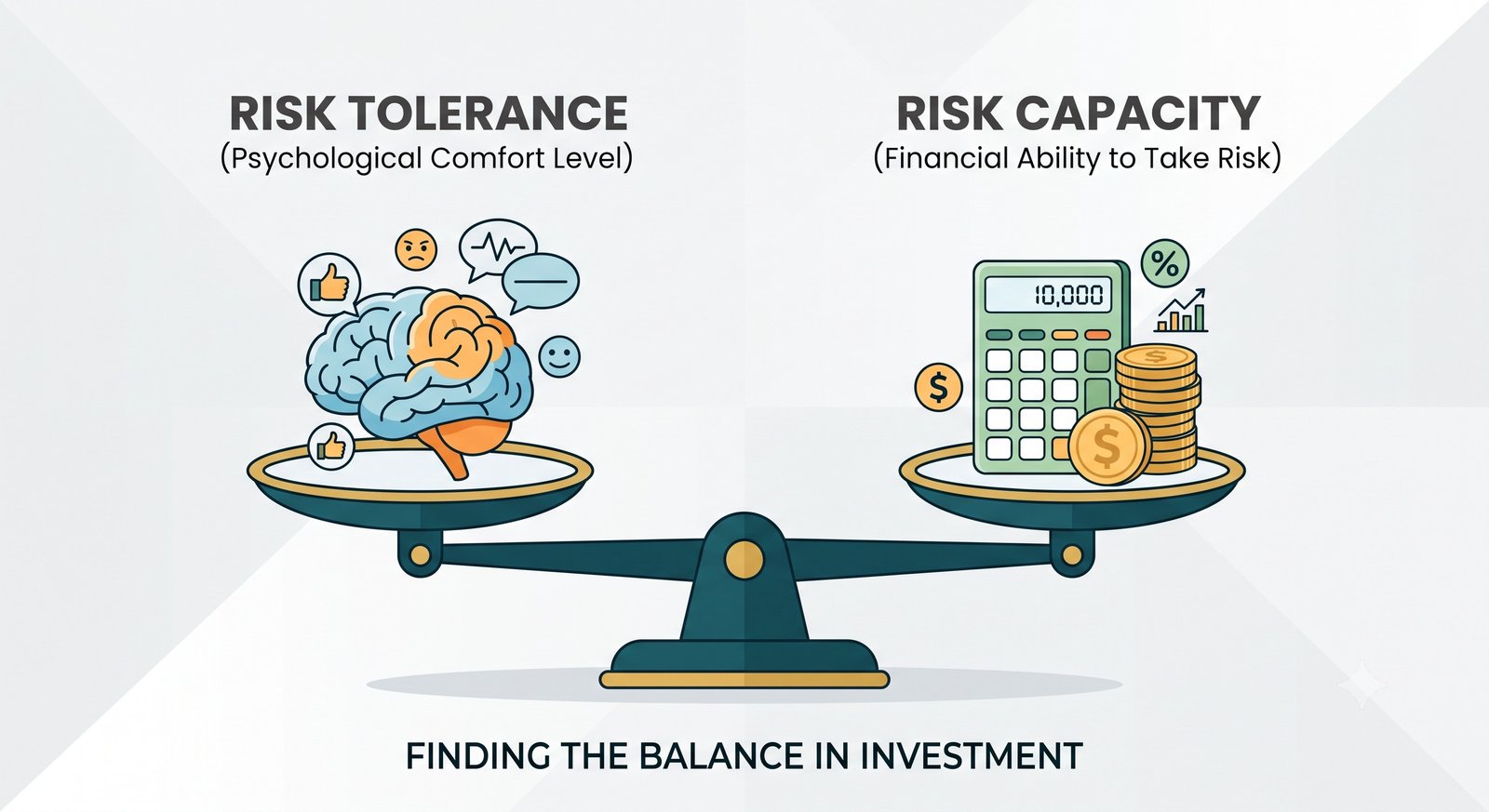 Scale balancing a brain (Risk Tolerance) and a calculator (Risk Capacity)