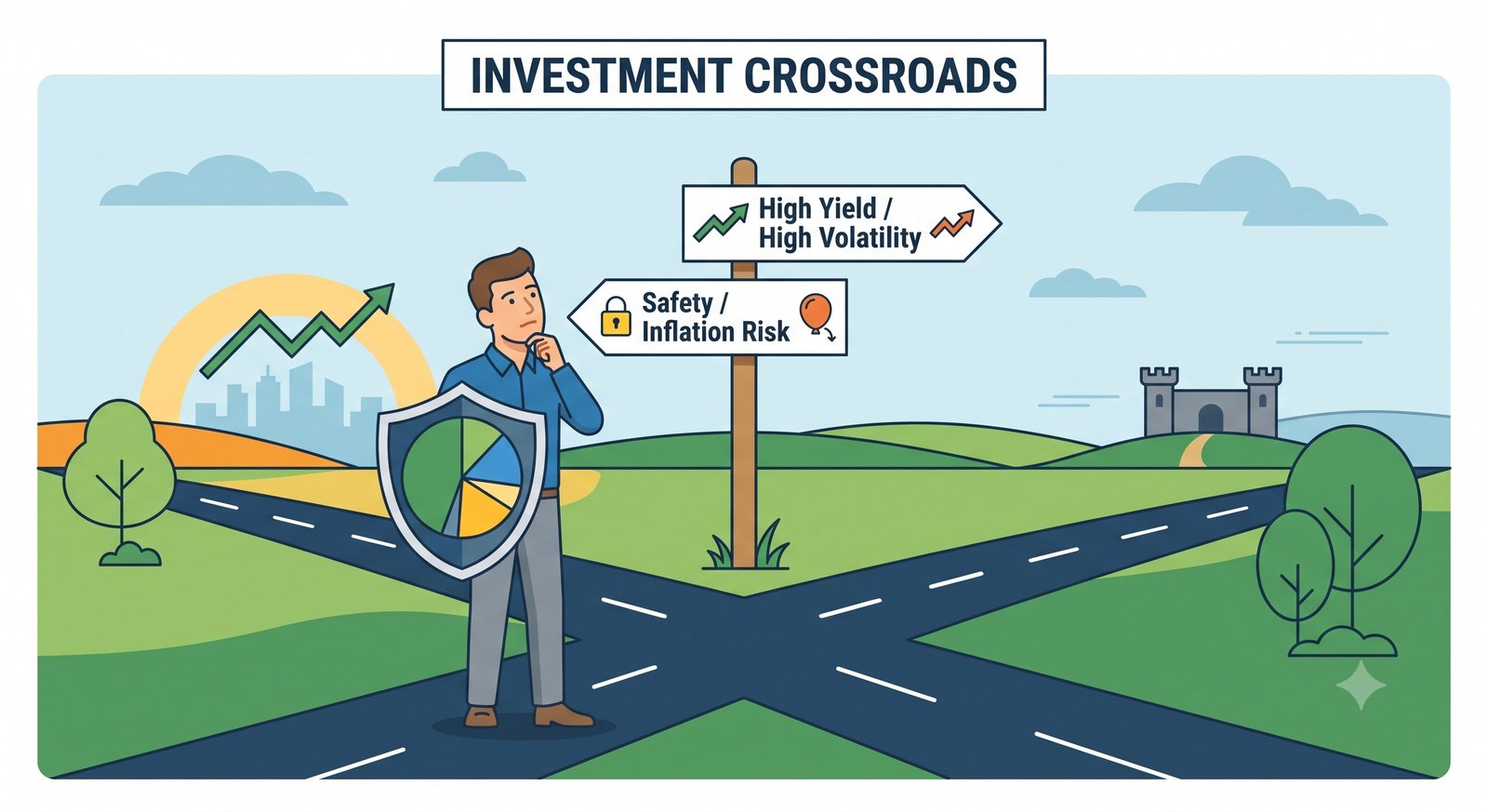 Investor evaluating risk vs reward pathways