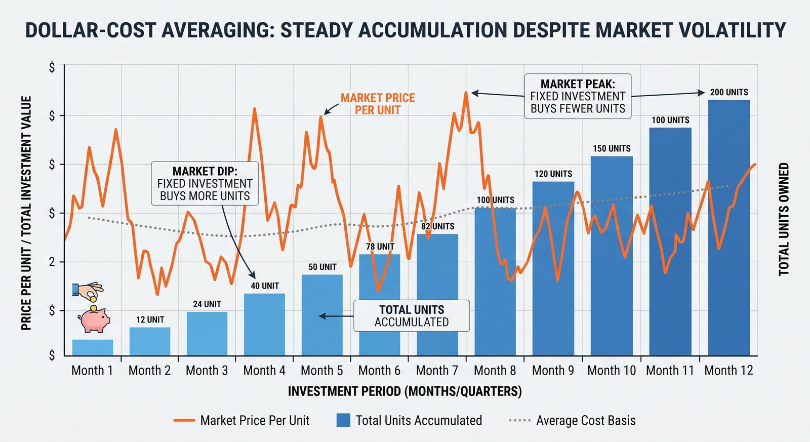 Graph showing dollar-cost averaging mitigating market volatility
