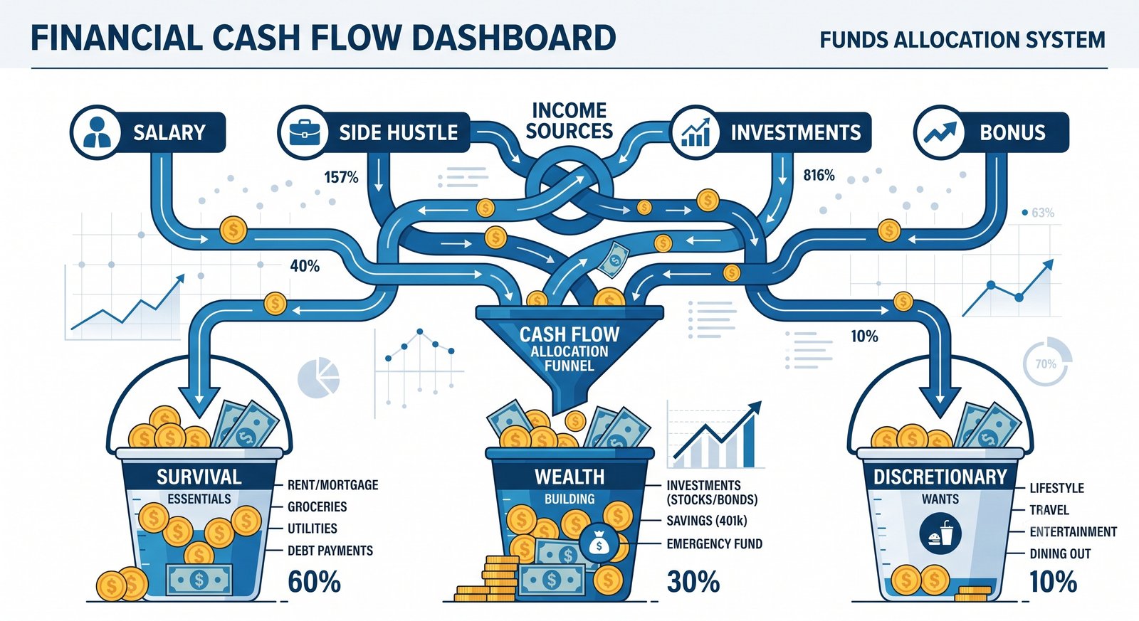 Conceptual illustration of cash flow being diverted into structured capital buckets