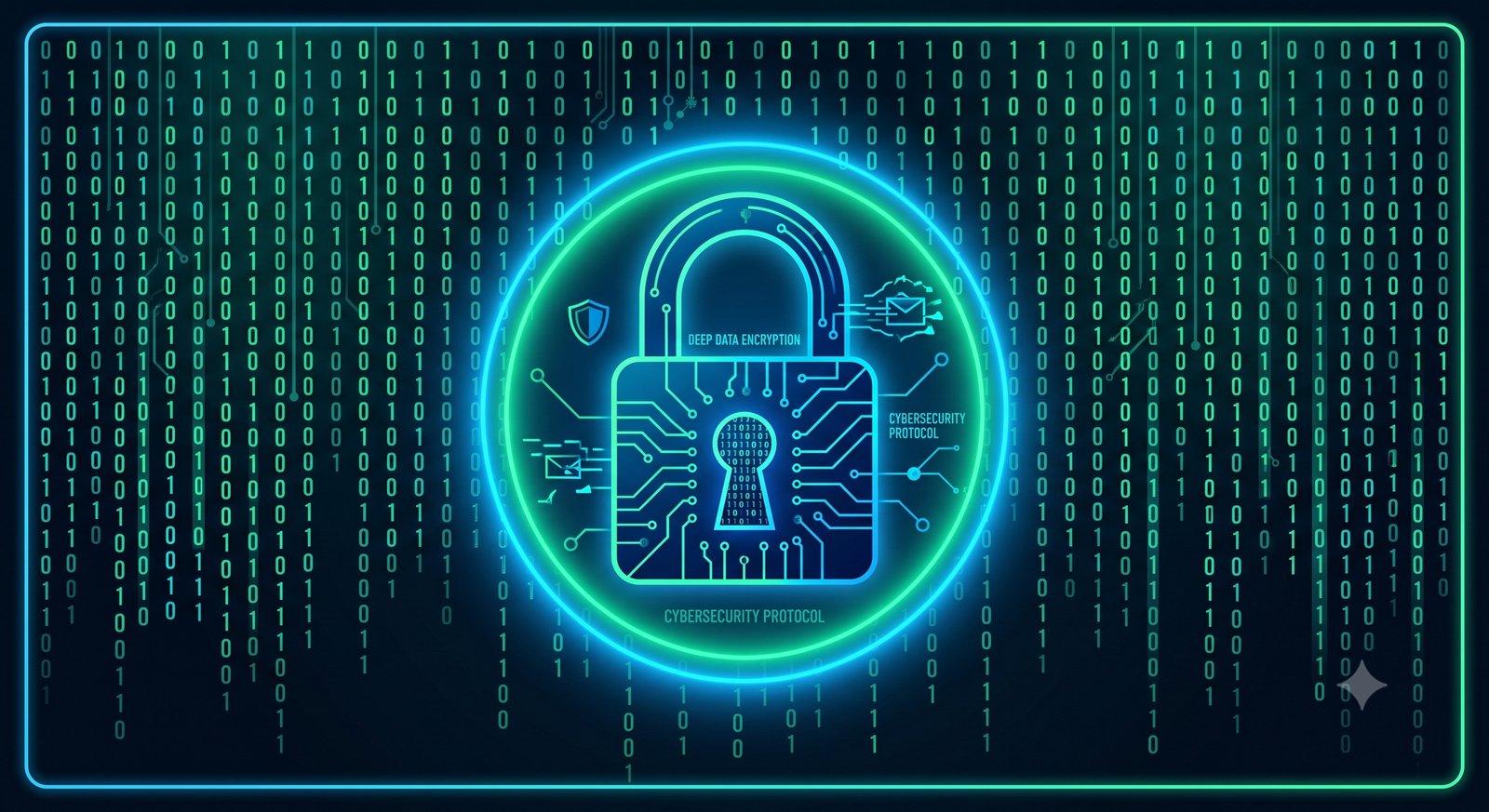 Conceptual illustration of a digital encryption padlock securing binary code