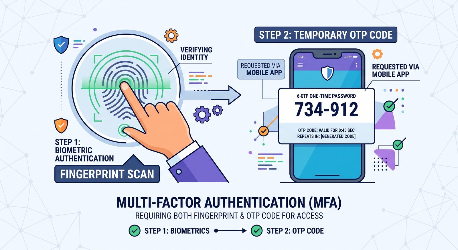 Conceptual illustration of Multi-Factor Authentication combining biometrics and mobile devices
