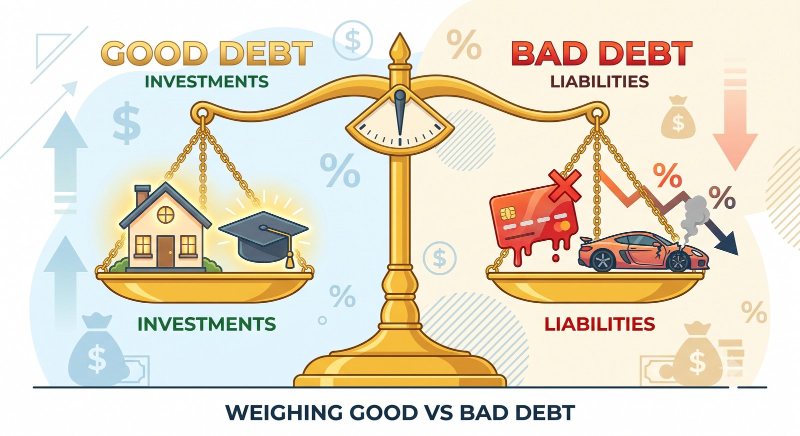 Conceptual illustration of a scale weighing Good Debt against Bad Debt