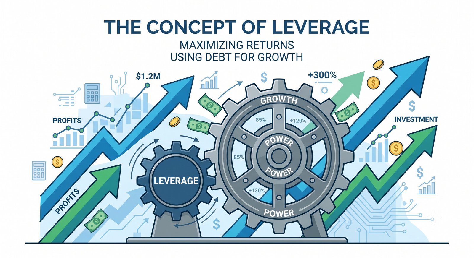 Illustration of a small gear turning a massive gear to represent financial leverage