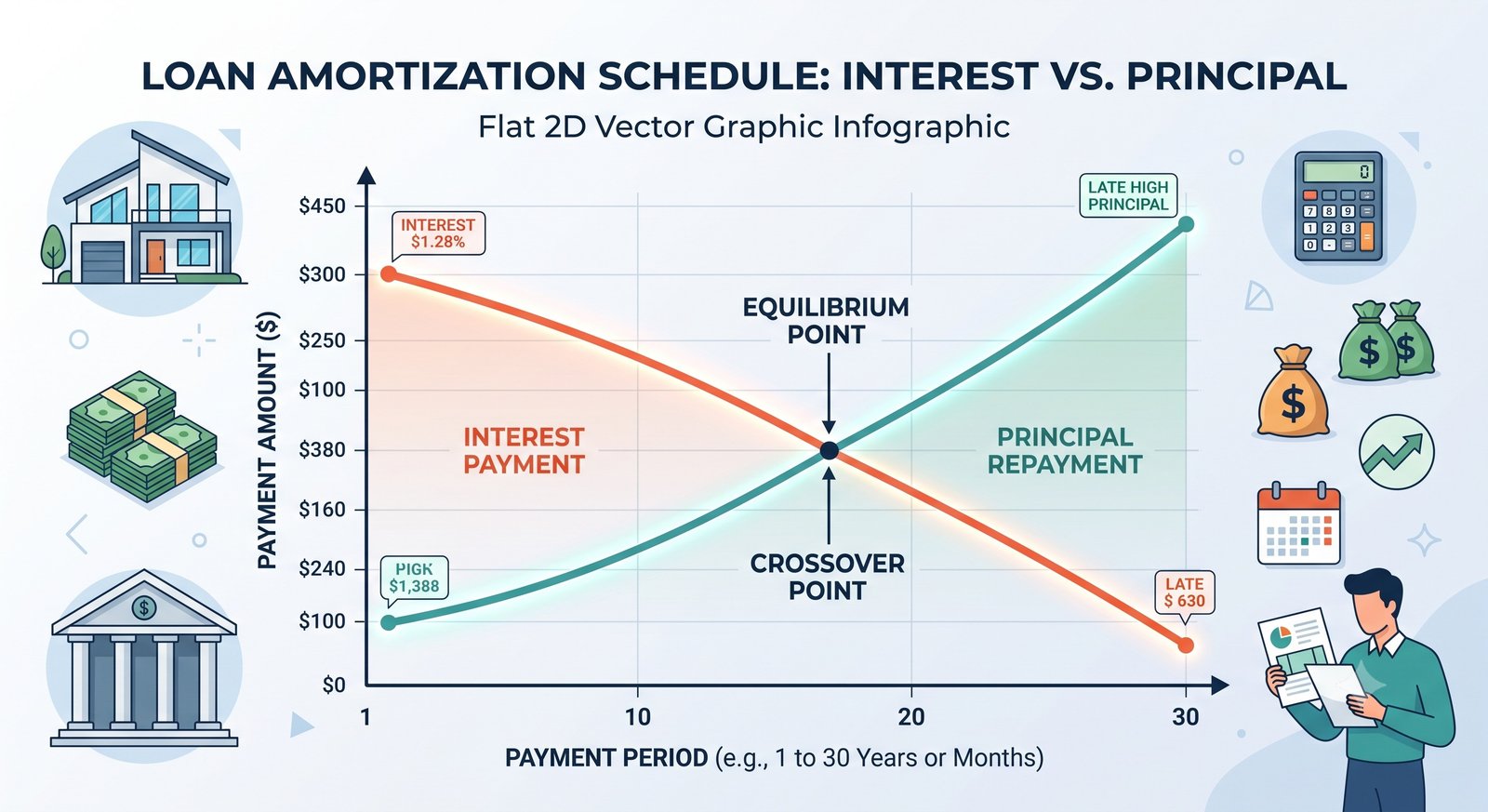 Amortization Schedule Graph showing crossing interest and principal lines
