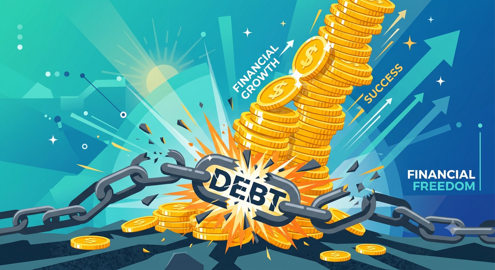 Conceptual graphic of coins breaking a chain link of debt via prepayment
